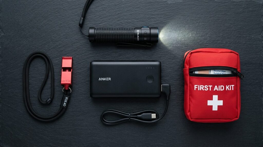 Close-up overhead flat lay of essential emergency items for 