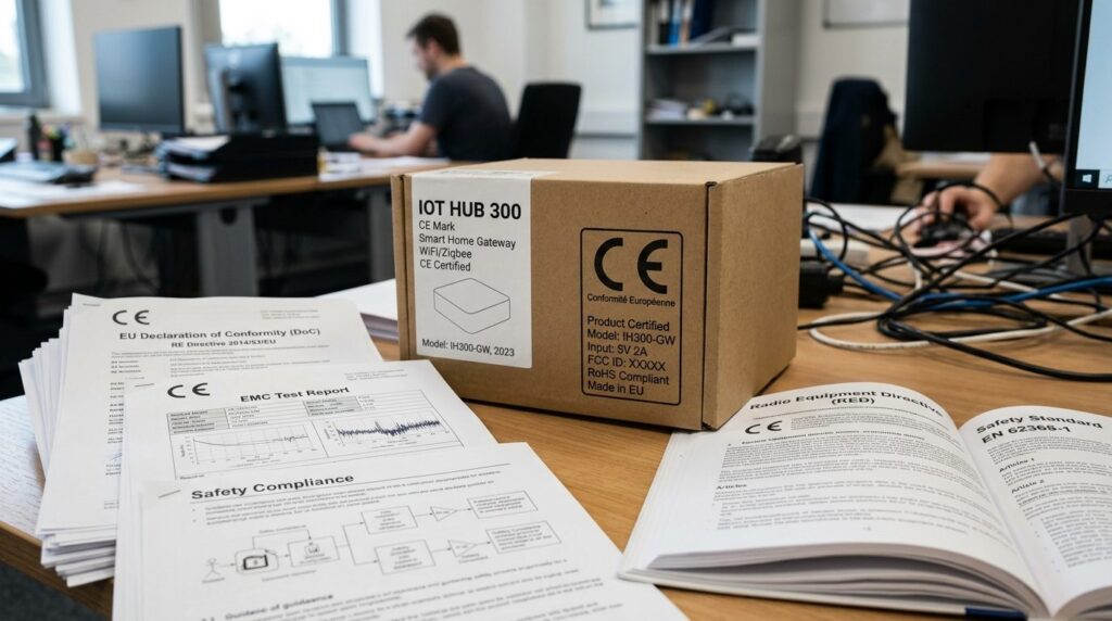 Nærbillede af CE-mærkestempel på dokument eller produkt.