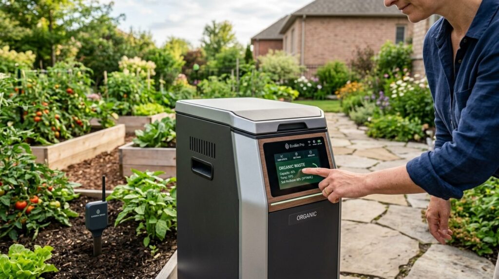 Photorealistic close-up of a high-tech waste container with