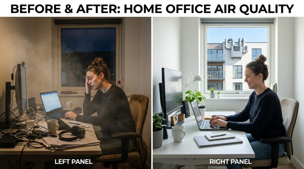 Tired employee at home office desk with poor air quality ind