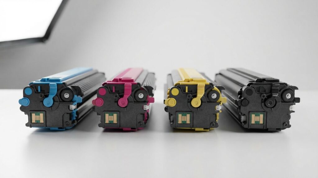 Close-up macro photography of colorful Samsung toner cartrid