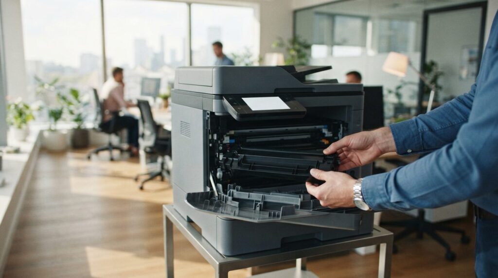 Hands carefully inserting a Samsung toner cartridge into an 