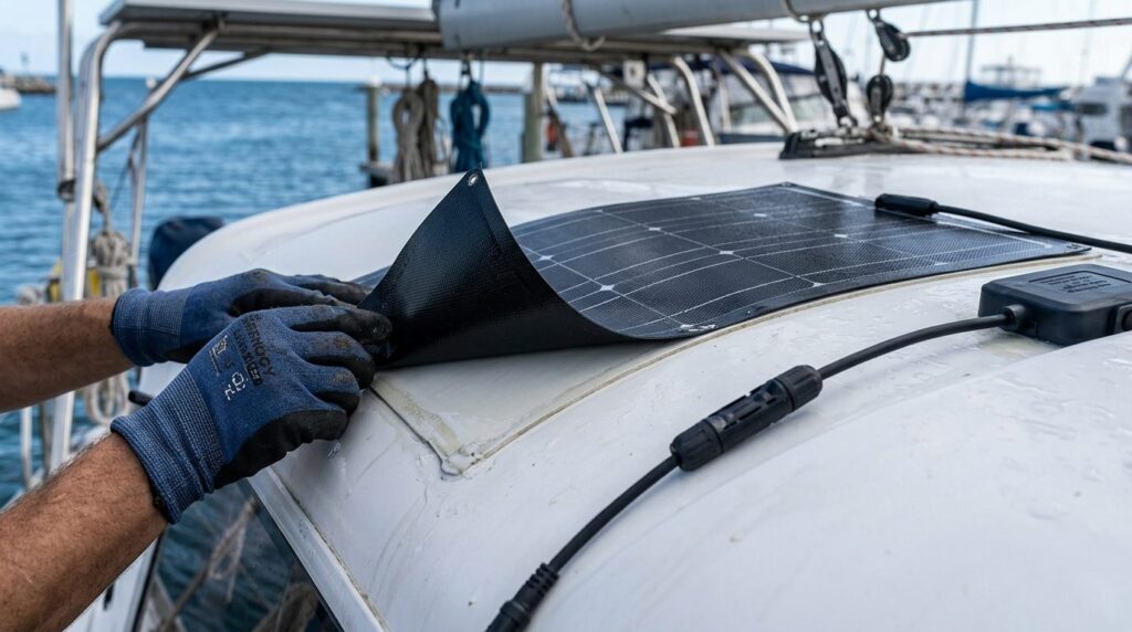 Close-up detail shot of flexible solar panel being installed