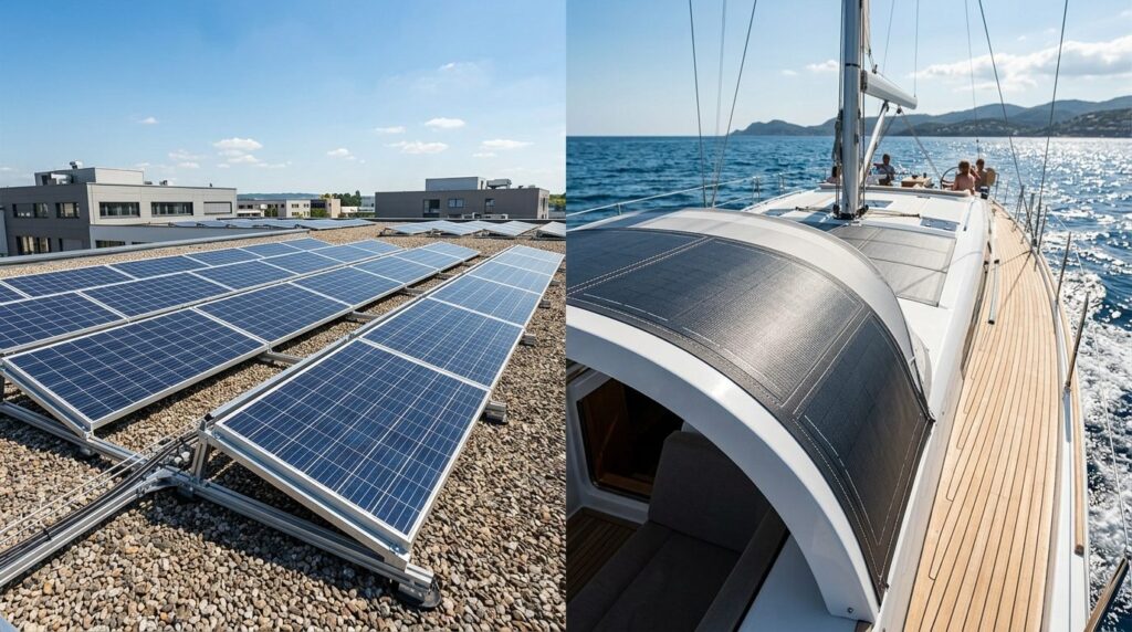 Split-screen comparison: left side traditional rigid solar p