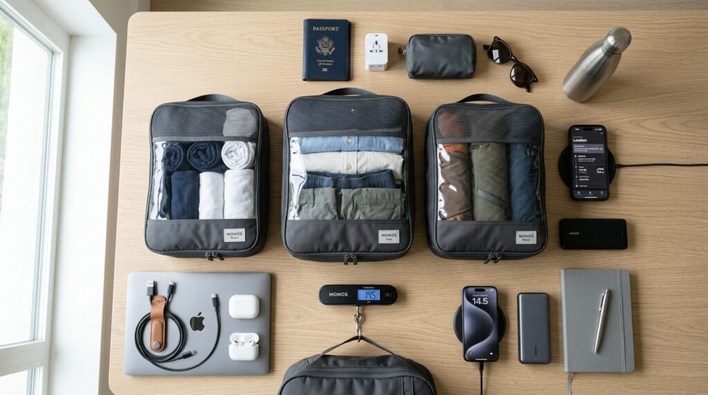 Flat lay product shot of organized travel compression bags w