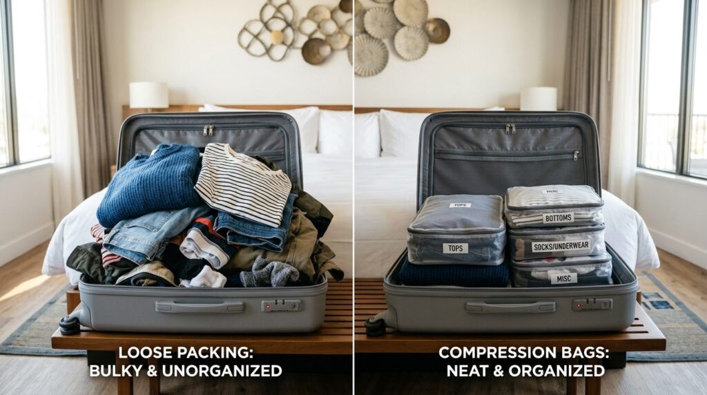 Side-by-side comparison lifestyle image of open luggage with