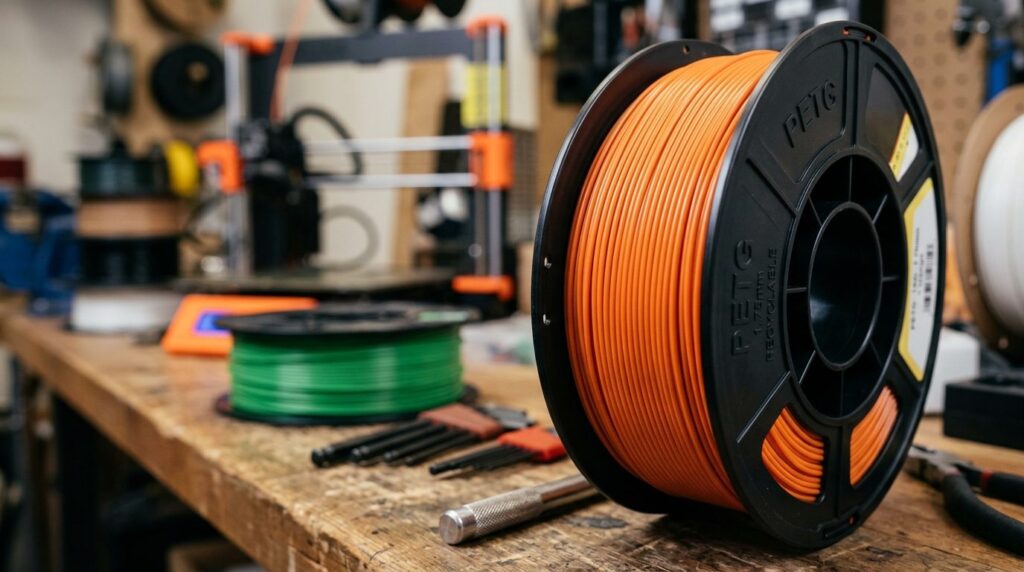 Close-up macro photography of PETG filament spool in sharp f