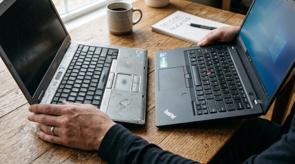 Hænder holder sammen om en computer eller tablet under arbejde.