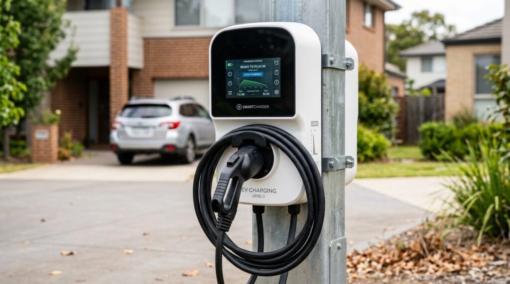 Close-up detailed view of a professional white and black EV