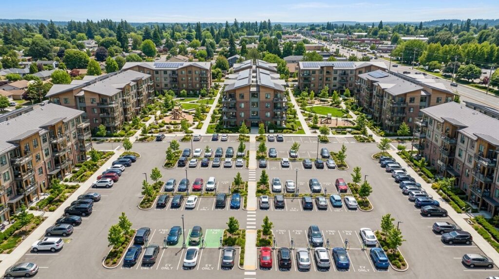Aerial view of a residential housing cooperative with multip