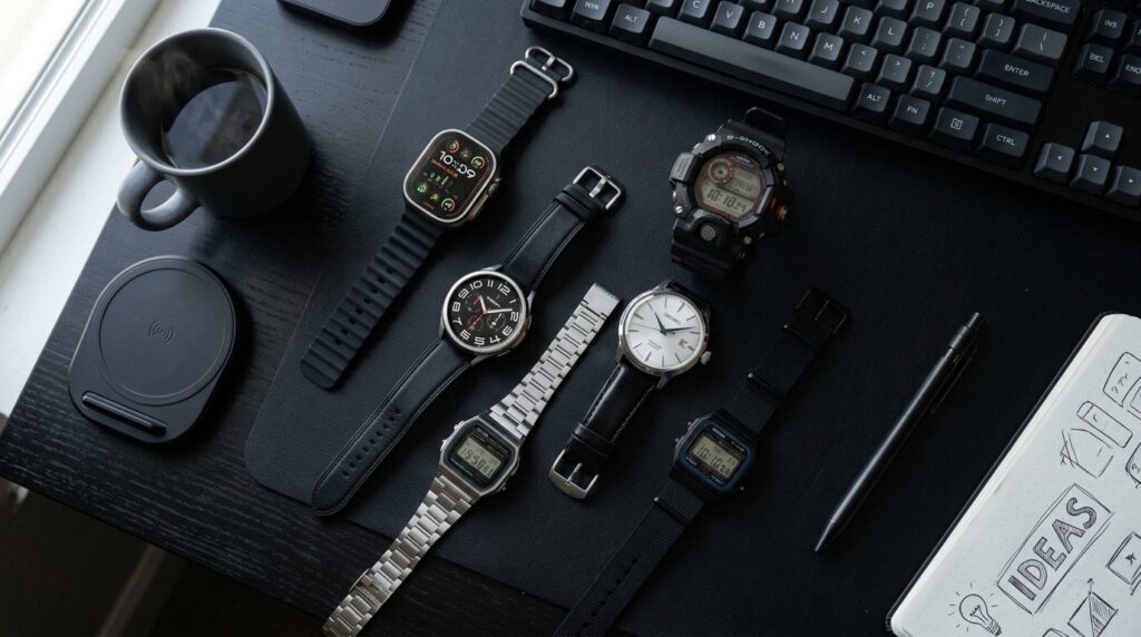 Flat lay composition of various mens watches in different s