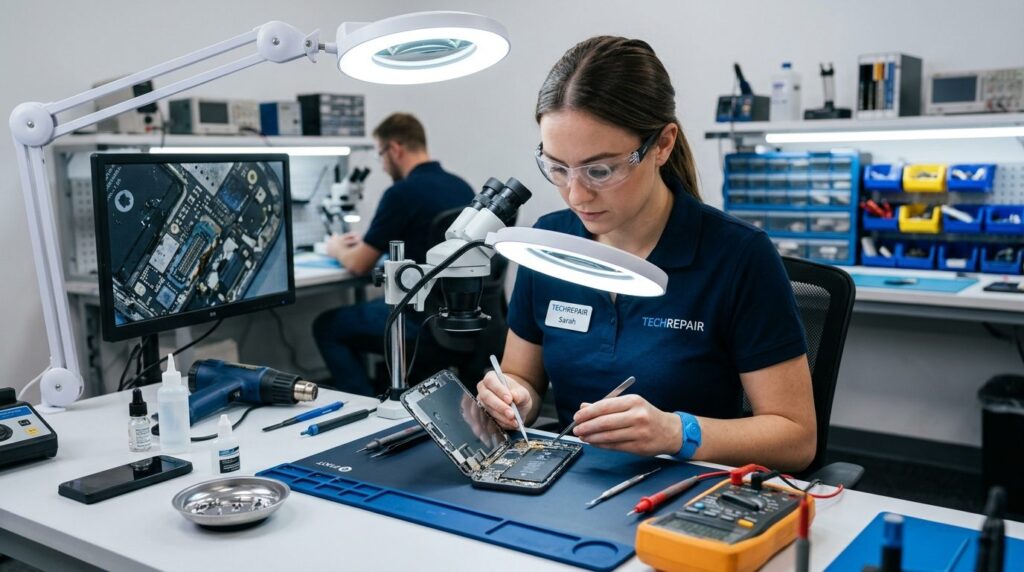 Tekniker i arbejdstøj reparerer en smartphone med værktøj på arbejdsbænk.