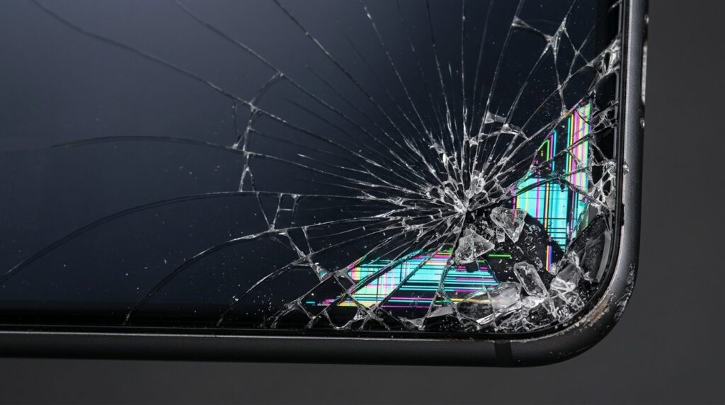 Close-up macro photography of damaged iPhone screen corner w