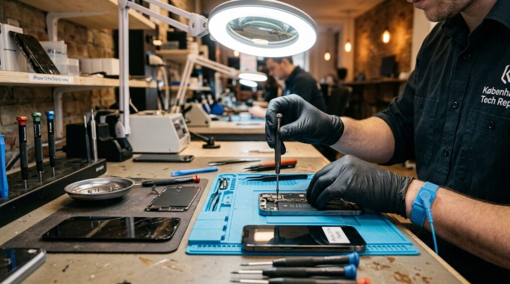 Professional smartphone repair workbench scene showing techn