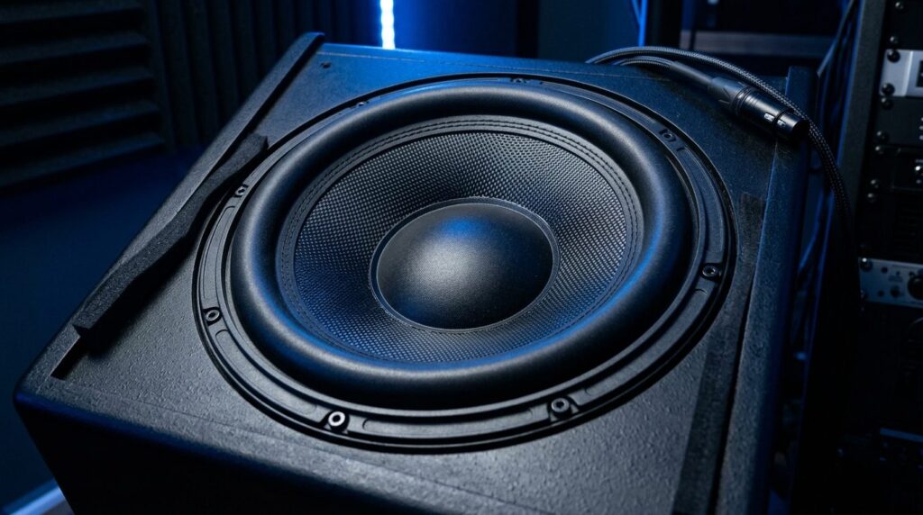 Tæt optagelse af en subwoofers basdriver og højttalerkomponent.