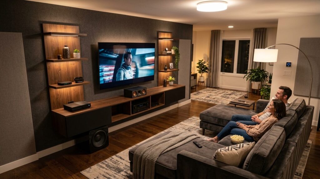 Moderne hjemmebioanlæg med sort subwoofer integreret i stuen.